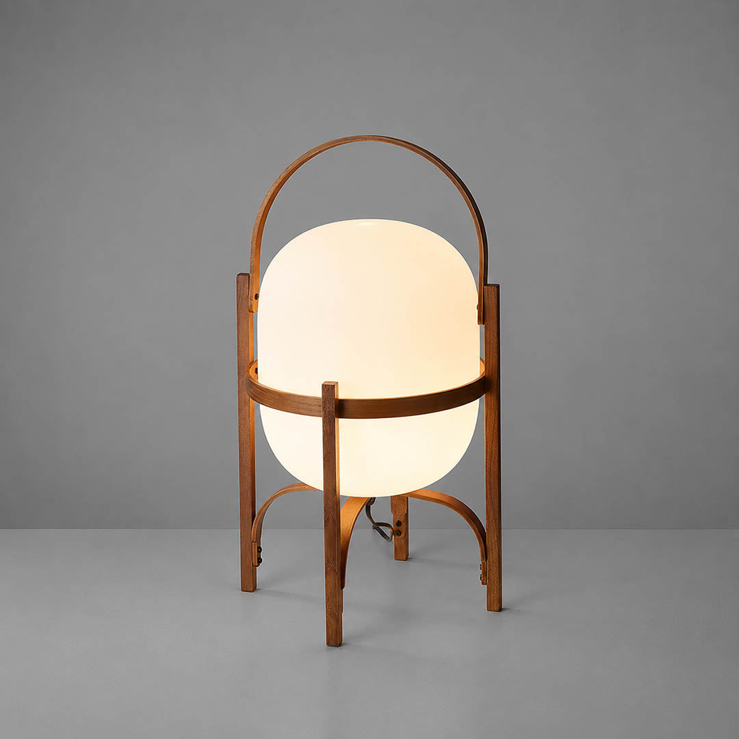 Wynne portable lantern glass table lamp Walnut wood handle cordless rechargeable Mid Century modern white background