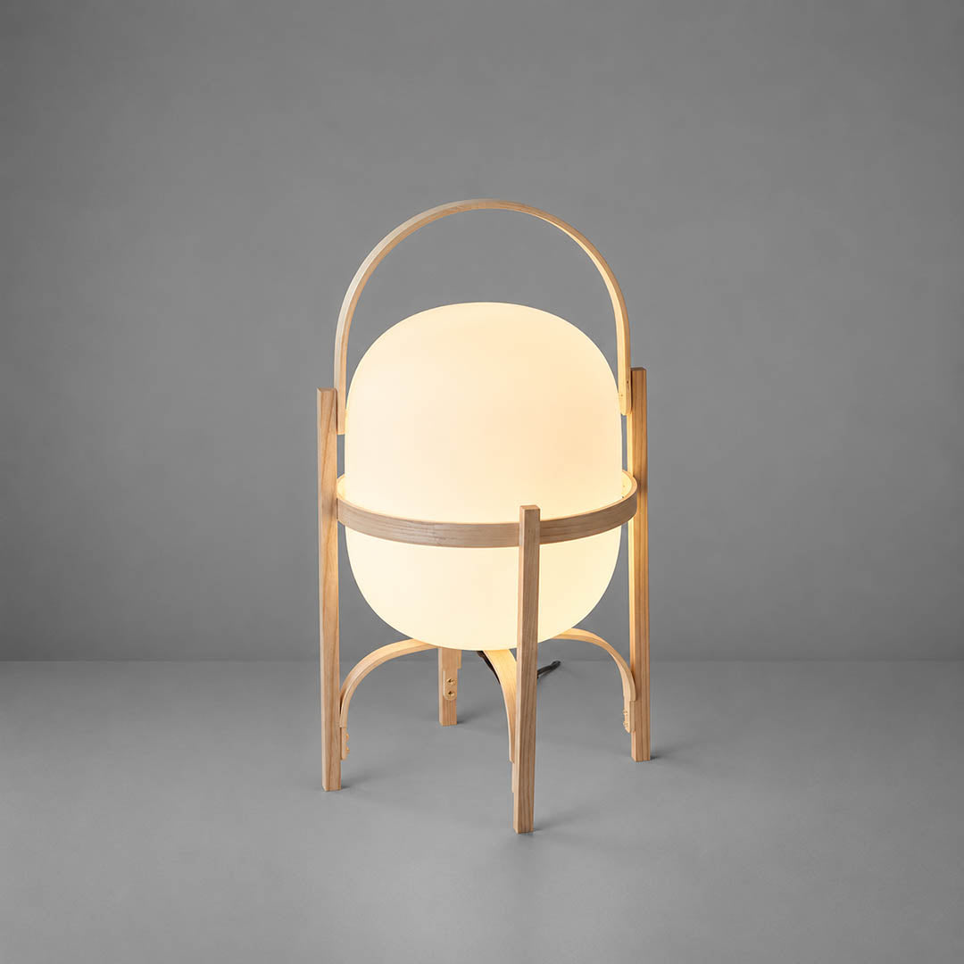Wynne portable lantern glass table lamp Ash Wood light pale handle cordless rechargeable Mid Century modern Scandinavian white background