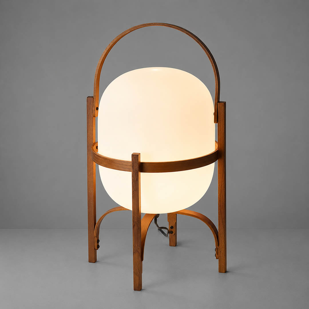 Wynne portable lantern glass table lamp Walnut wood handle cordless rechargeable Mid Century modern white background