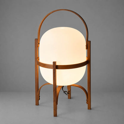 Wynne portable lantern glass table lamp Walnut wood handle cordless rechargeable Mid Century modern white background