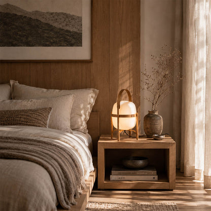 Wynne Walnut portable lantern bedside nightstand primary bedroom cordless Mid Century modern soft warm glow lifestyle interior