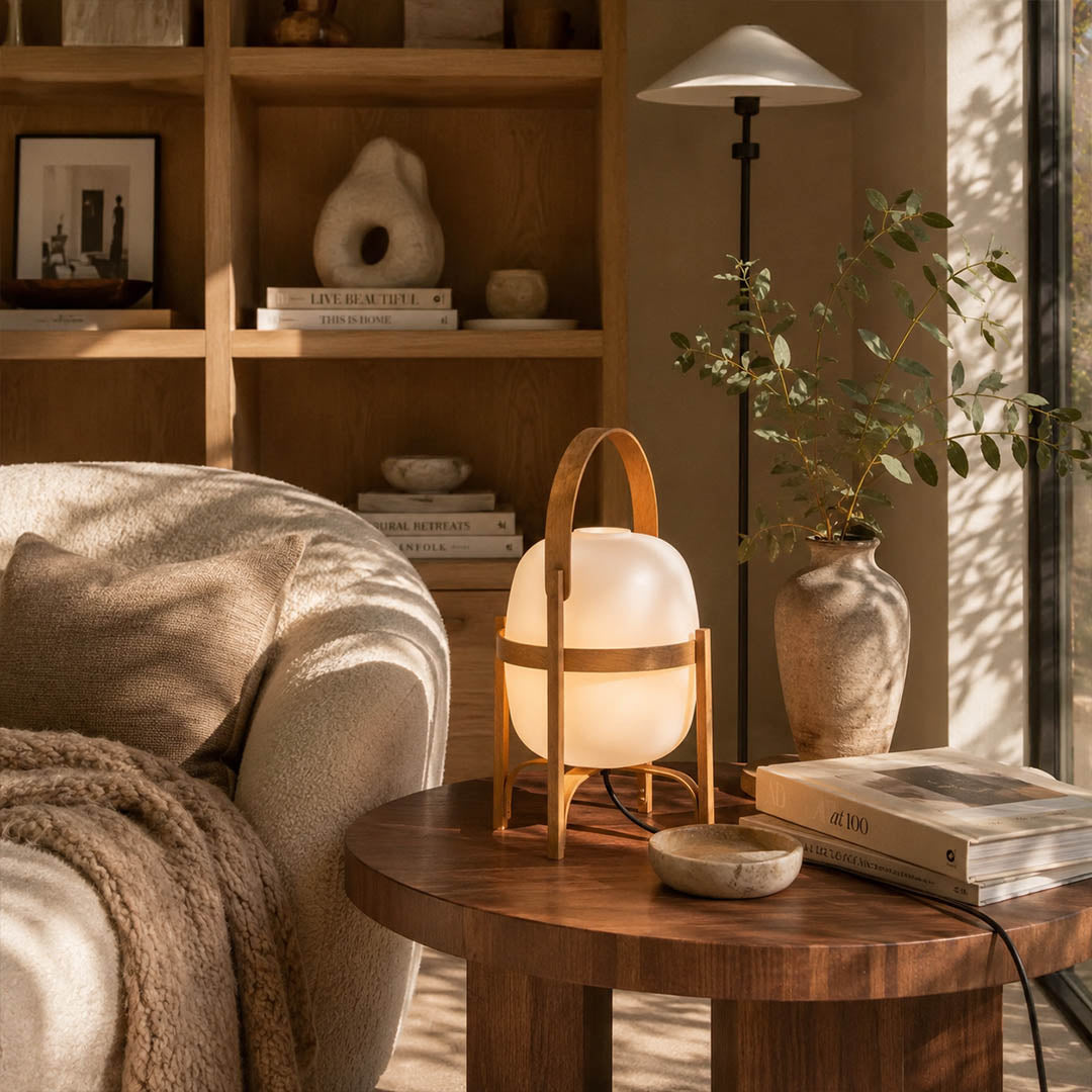 Wynne Ash Wood portable lantern living room reading corner modern Scandinavian Mid Century cordless warm glow interior lifestyle