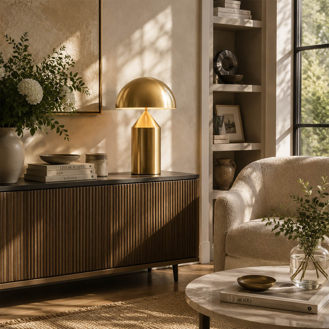 Zelviro table lamp living room side table accent geometric sculptural warm glow modern American home lifestyle interior styled