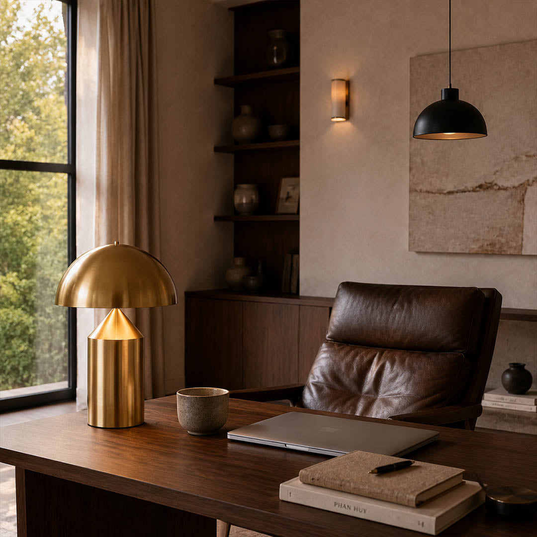 Zelviro table lamp desk workspace accent geometric sculptural warm modern American home lifestyle interior styled