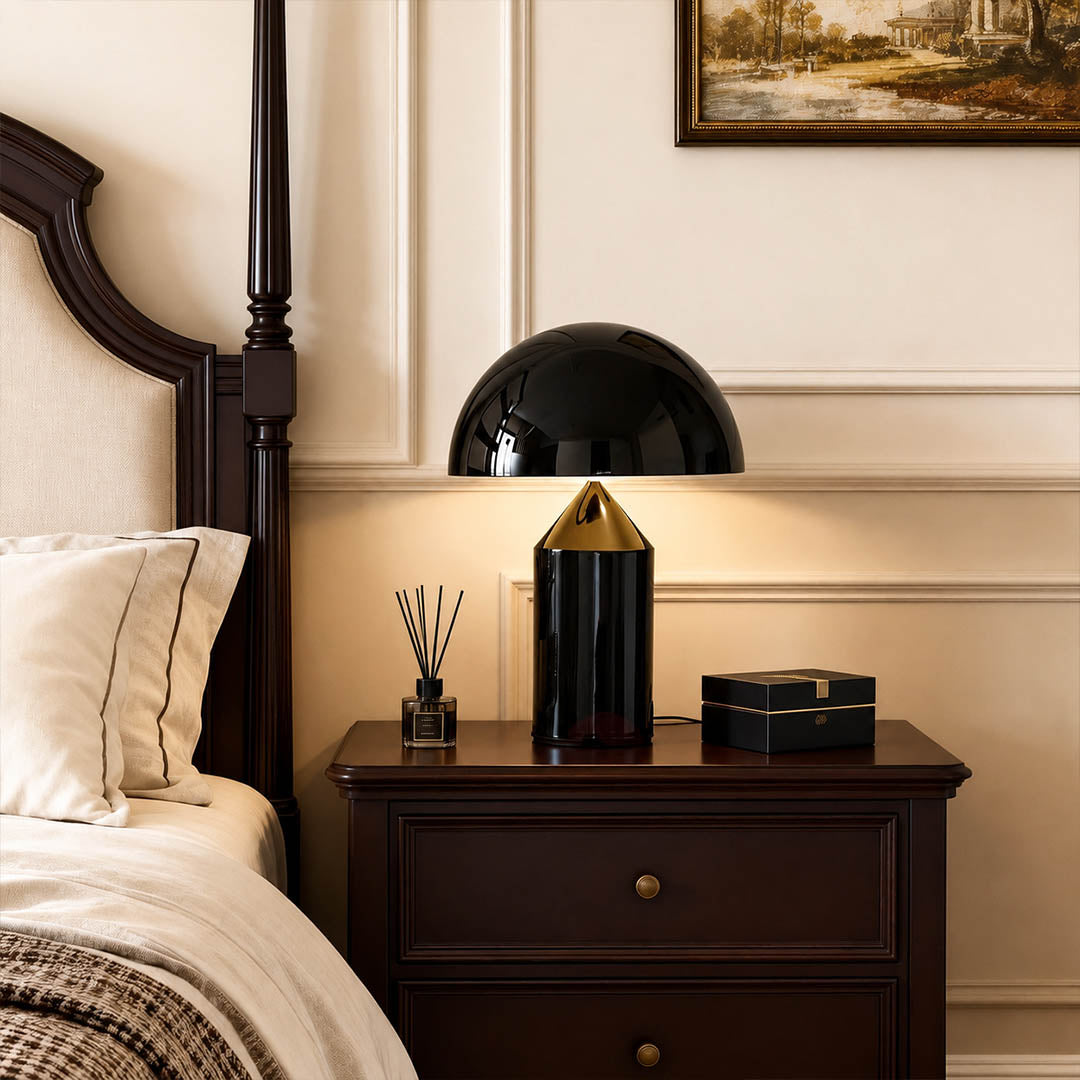 Zelviro table lamp bedroom nightstand bedside copper geometric accent warm ambient American home lifestyle interior styled
