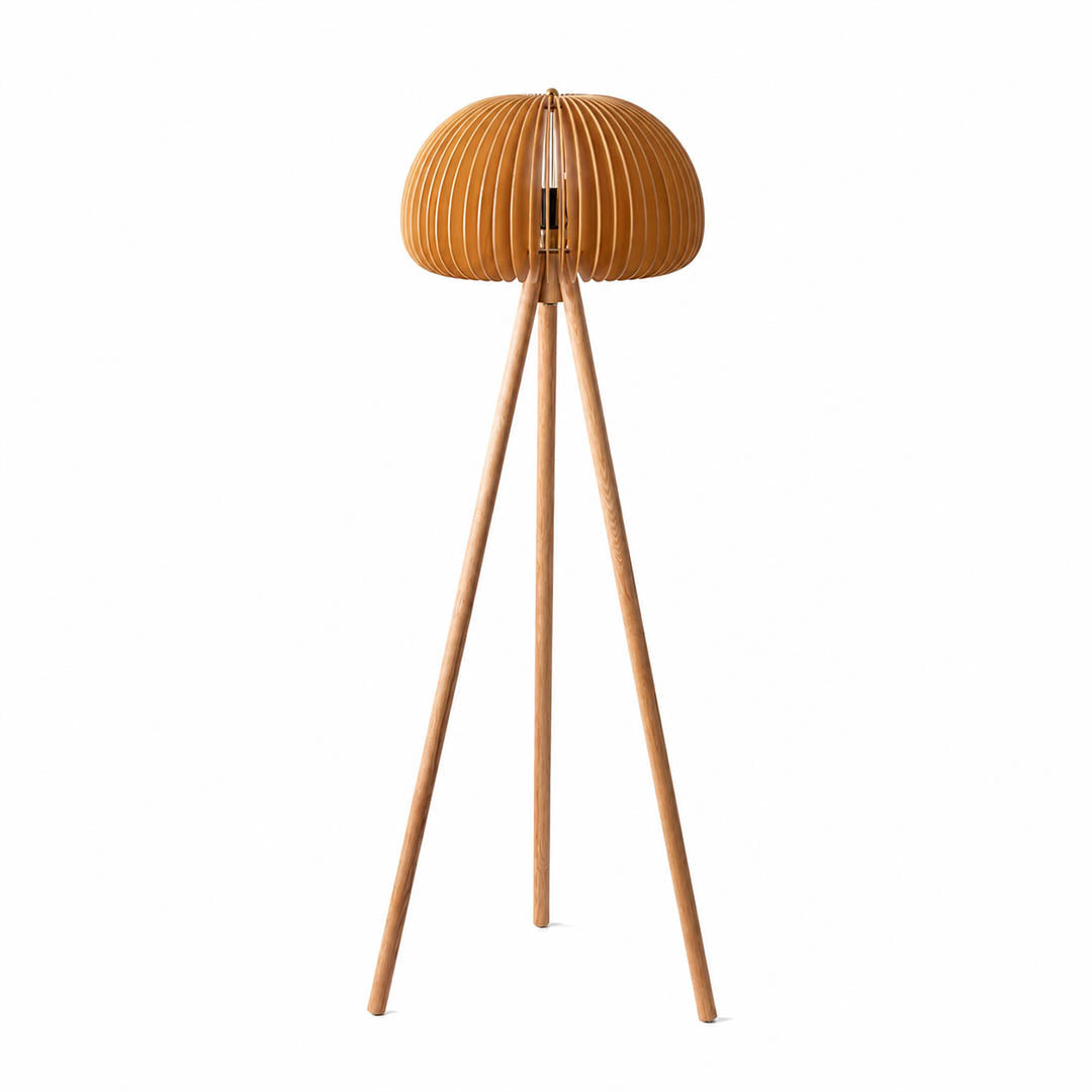 Zucca wood slat floor lamp natural wood pumpkin shape shade tripod base rustic Scandinavian 56 inch tall white background front view