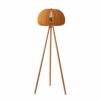 Zucca wood slat floor lamp natural wood pumpkin shape shade tripod base rustic Scandinavian 56 inch tall white background front view