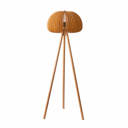 Zucca wood slat floor lamp natural wood pumpkin shape shade tripod base rustic Scandinavian 56 inch tall white background front view