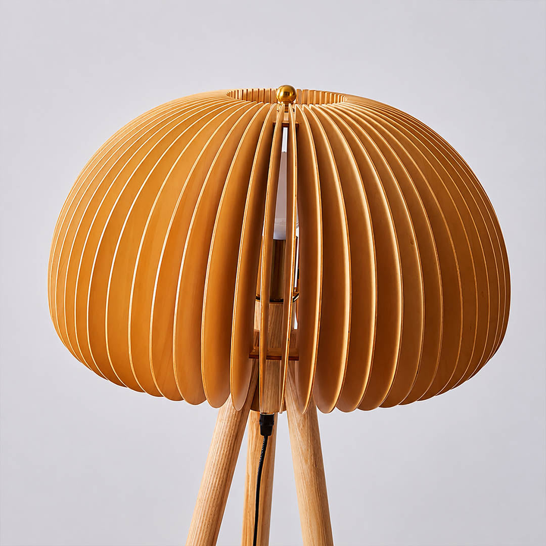 Zucca wood slat floor lamp pumpkin shaped natural basswood slat shade curved layered wood craftsmanship detail close up unique