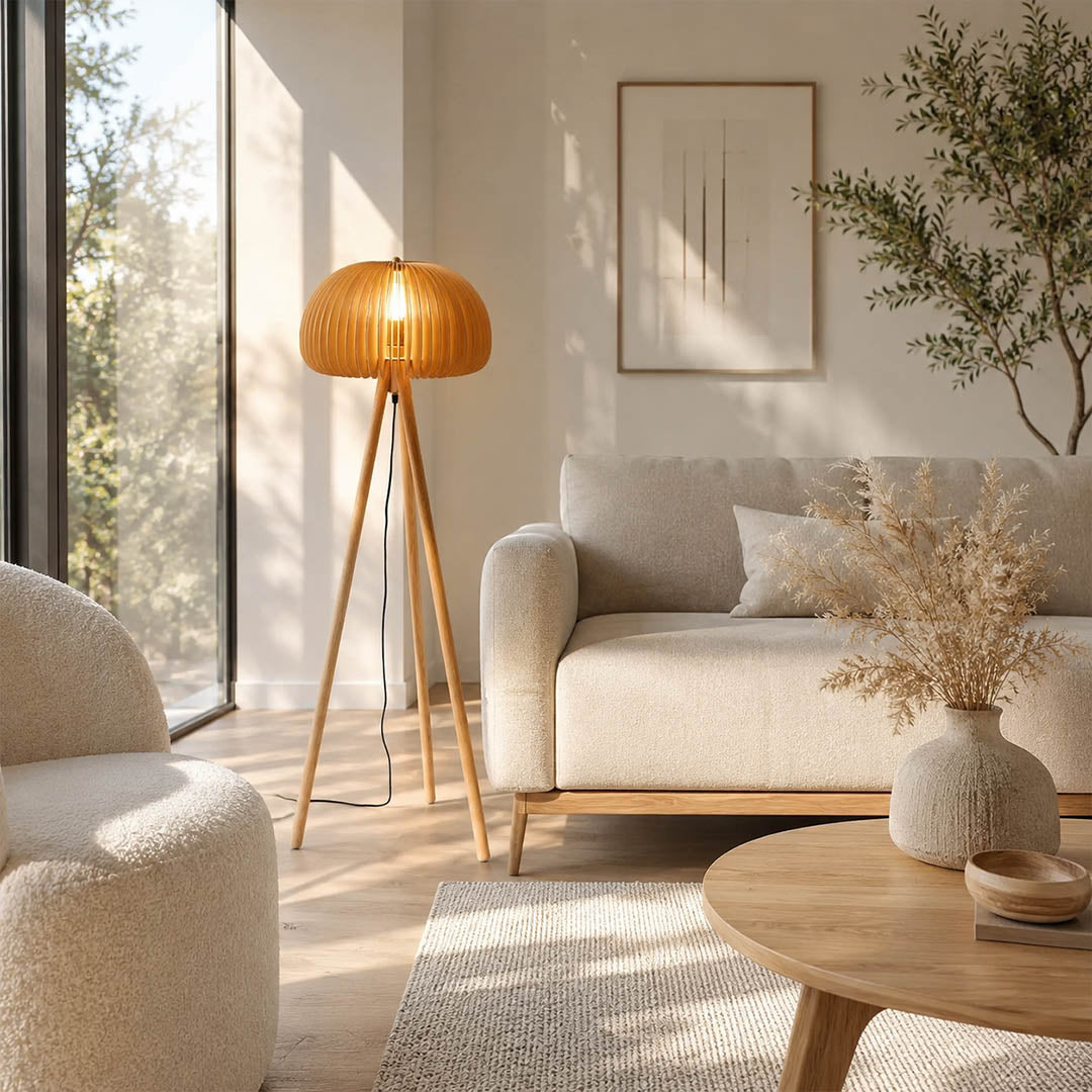 Zucca wood slat floor lamp modern living room beside sofa natural wood tripod warm glow rustic Scandinavian American home lifestyle interior