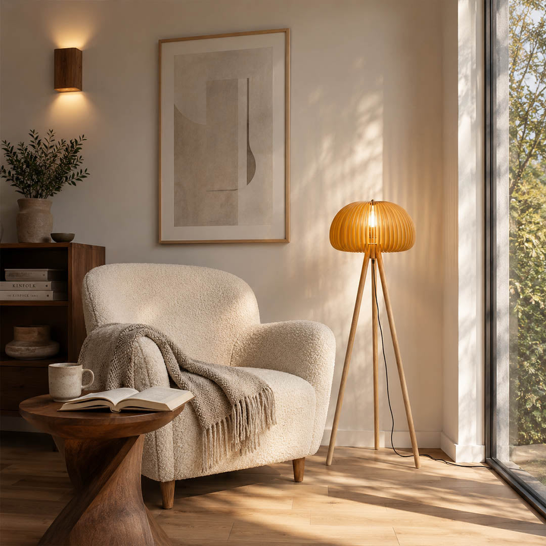 Zucca wood slat floor lamp reading corner beside armchair natural wood pumpkin shade warm cozy Japandi American home lifestyle interior