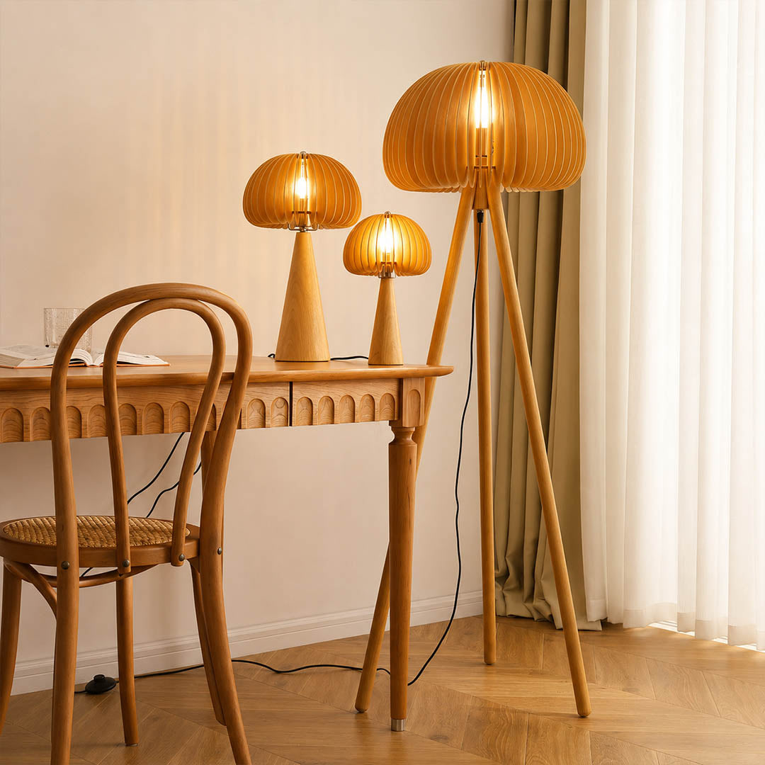 Zucca wood slat floor lamp home office study corner natural wood tripod warm light rustic modern American home lifestyle interior