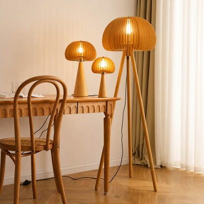 Zucca wood slat floor lamp home office study corner natural wood tripod warm light rustic modern American home lifestyle interior
