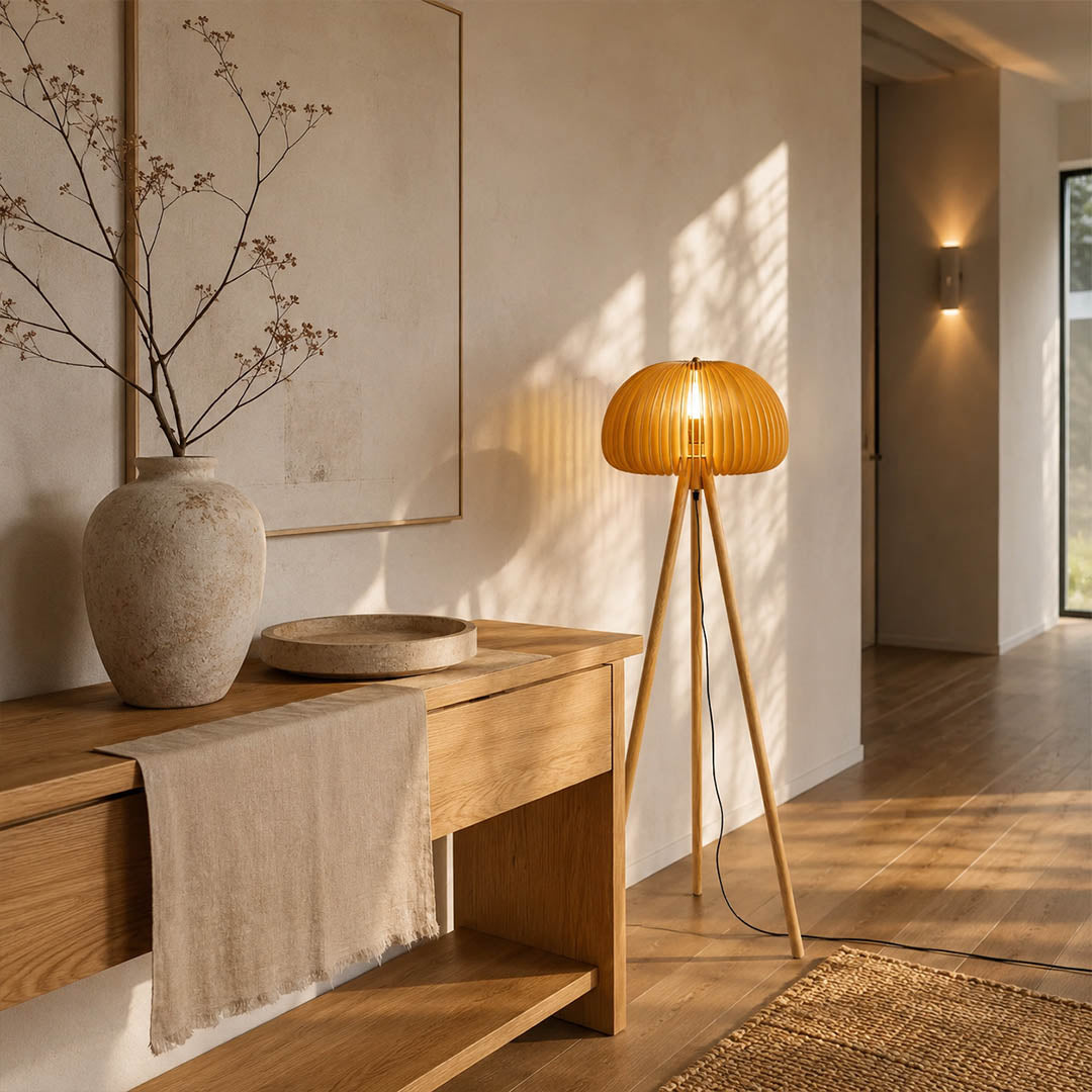 Zucca wood slat floor lamp entry foyer corner natural wood pumpkin shade tripod warm welcoming rustic American home lifestyle interior