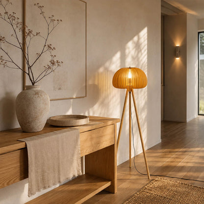 Zucca wood slat floor lamp entry foyer corner natural wood pumpkin shade tripod warm welcoming rustic American home lifestyle interior