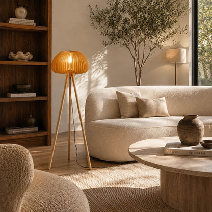 Zucca wood slat floor lamp modern living room beside sofa natural wood tripod warm glow rustic Scandinavian American home lifestyle interior