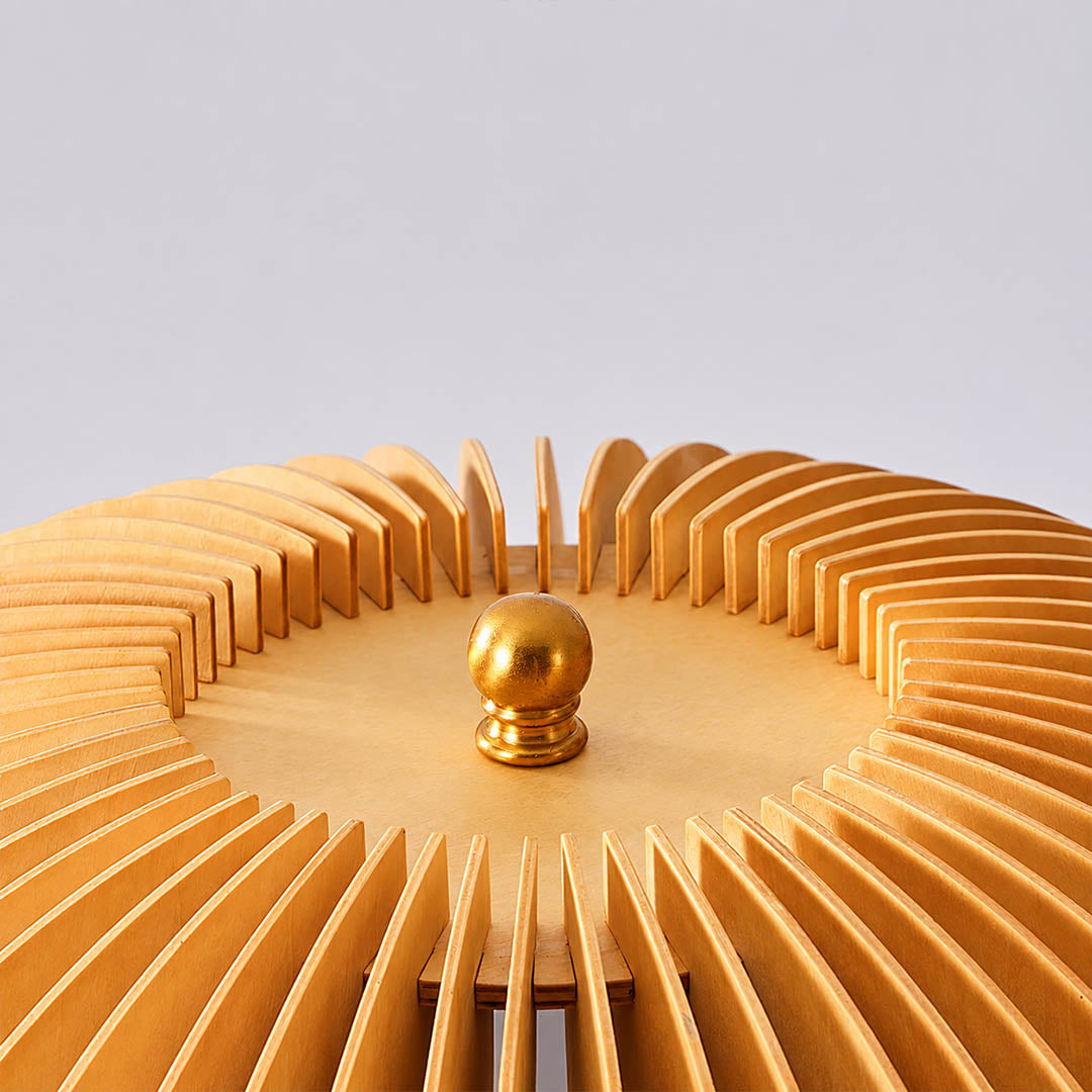 Zucca wood slat floor lamp pumpkin shaped natural basswood slat shade curved layered wood craftsmanship detail close up unique