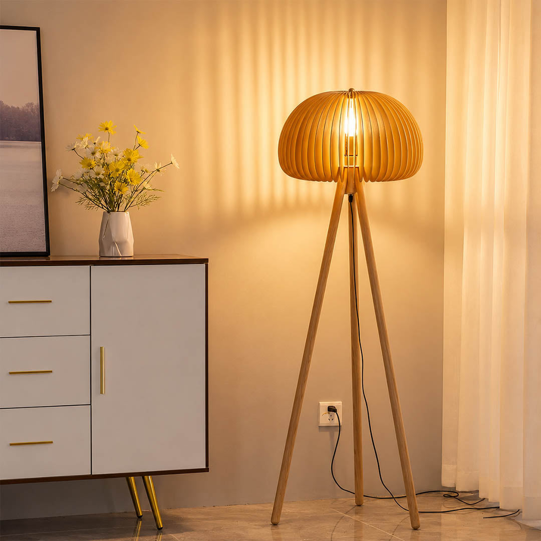 Zucca wood slat floor lamp illuminated warm glowing evening living room cozy rustic natural wood ambient mood American home lifestyle interior