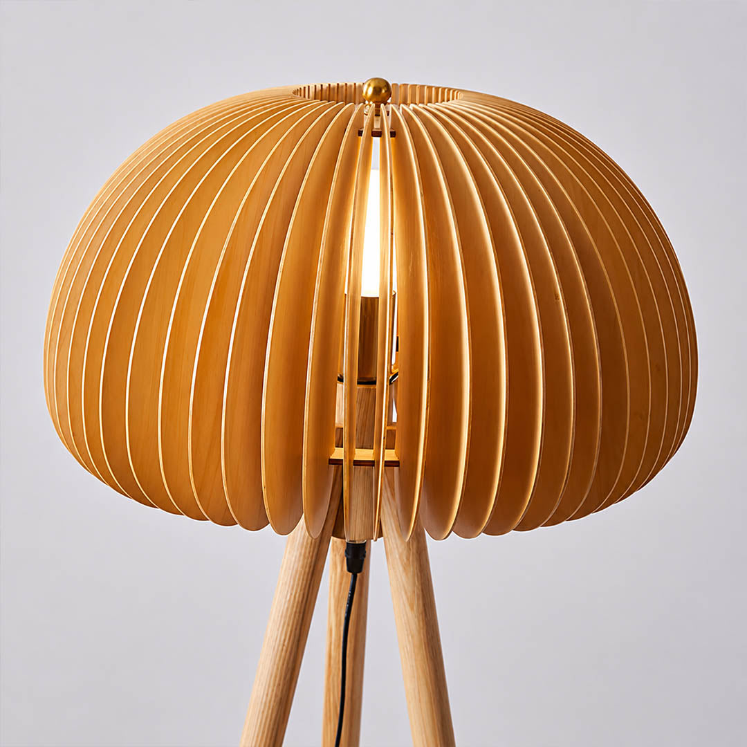 Zucca wood slat floor lamp pumpkin shaped natural basswood slat shade curved layered wood craftsmanship detail close up unique