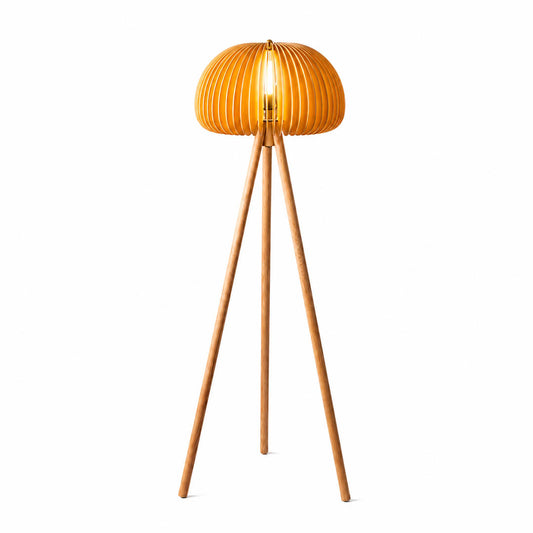 Zucca wood slat floor lamp illuminated warm glow through natural wood slats pumpkin shade tripod rustic cozy white background front view