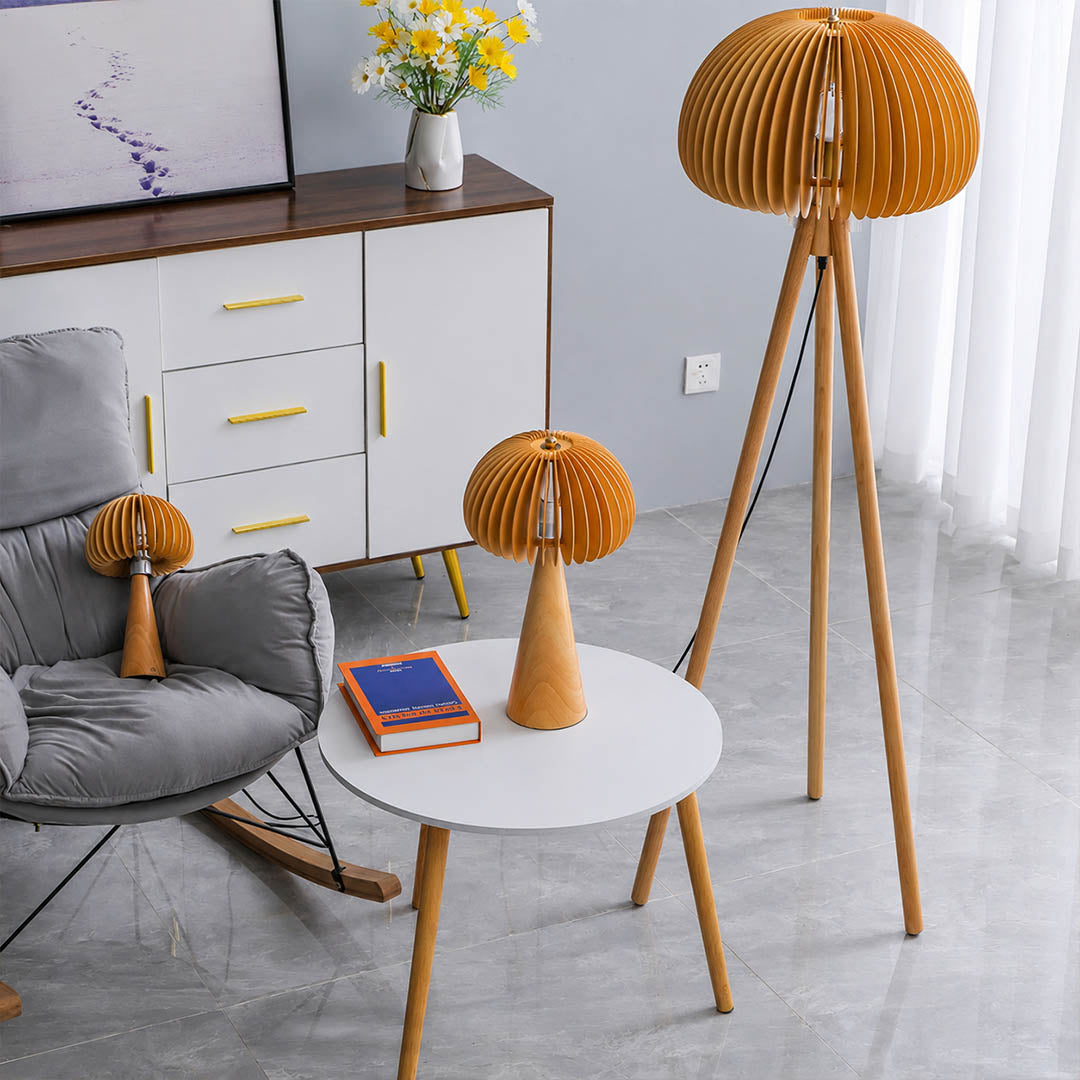 Zucca wood slat floor lamp reading corner beside armchair natural wood pumpkin shade warm cozy Japandi American home lifestyle interior