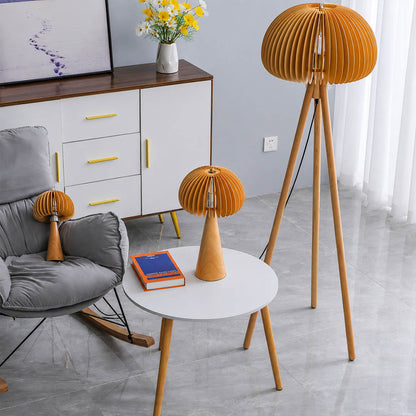 Zucca wood slat floor lamp reading corner beside armchair natural wood pumpkin shade warm cozy Japandi American home lifestyle interior