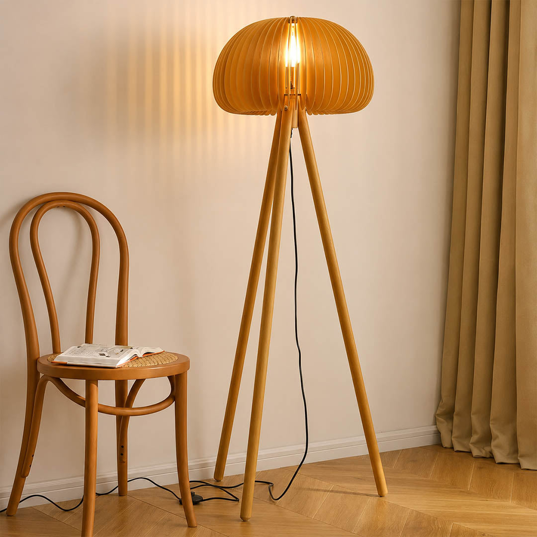 Zucca wood slat floor lamp reading corner beside armchair natural wood pumpkin shade warm cozy Japandi American home lifestyle interior