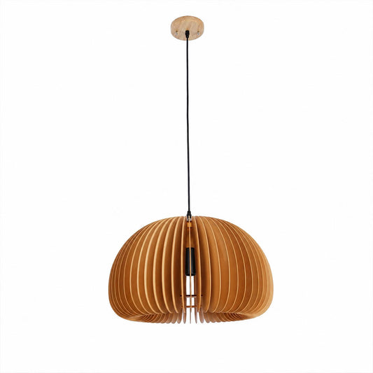 Zucca wood slat pendant light natural wood pumpkin shape laser cut slatted shade hanging lamp rustic Scandinavian white background front view