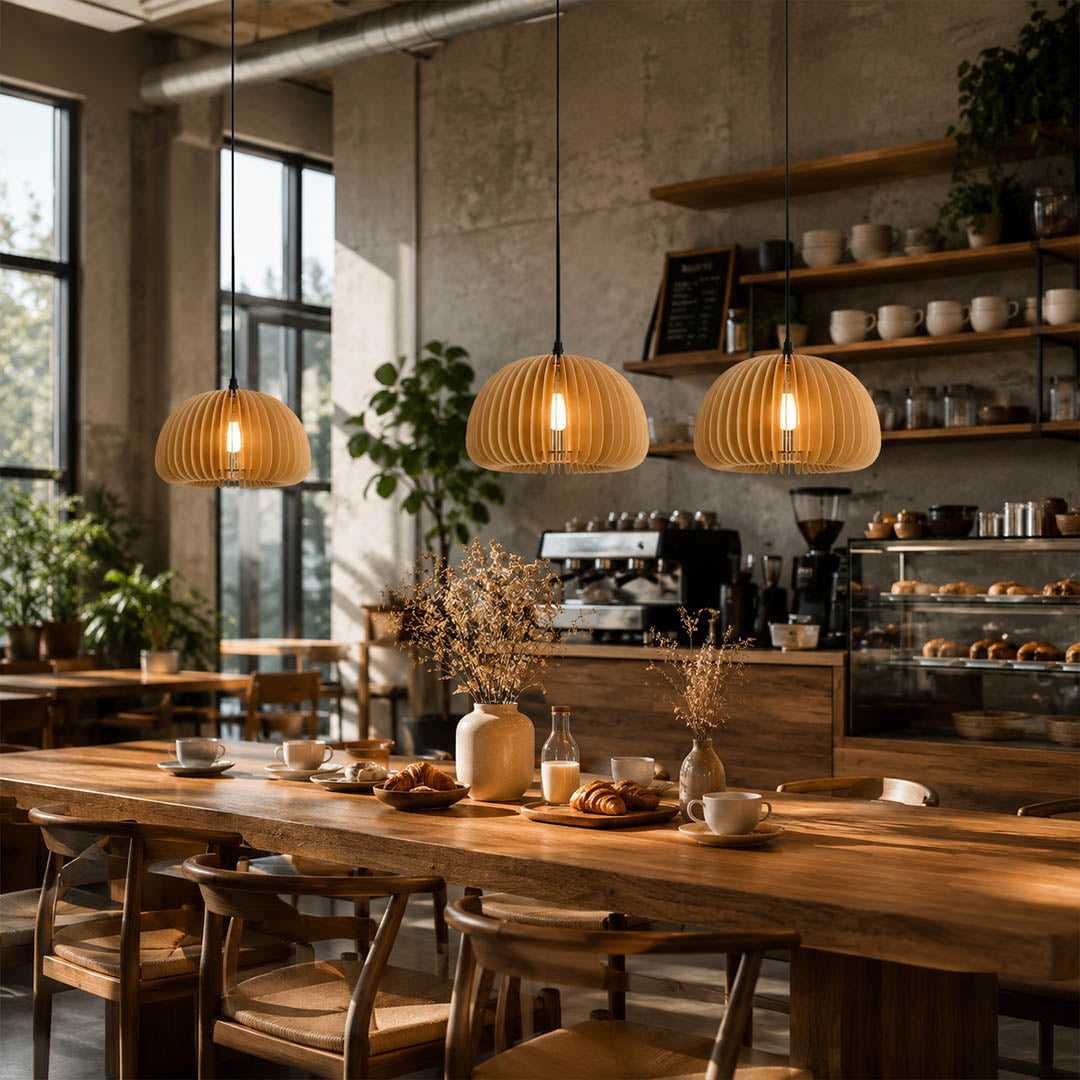 Zucca wood slat pendant light cluster over kitchen island natural wood pumpkin slat shade warm glow rustic Scandinavian American home lifestyle interior