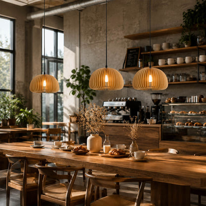 Zucca wood slat pendant light cluster over kitchen island natural wood pumpkin slat shade warm glow rustic Scandinavian American home lifestyle interior