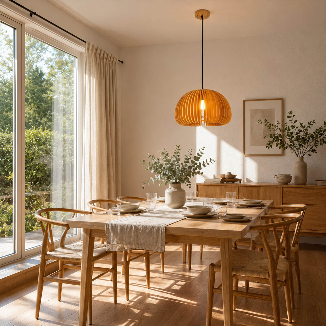 Zucca wood slat pendant light single over round dining table natural wood slat shade warm atmospheric glow rustic American home lifestyle interior