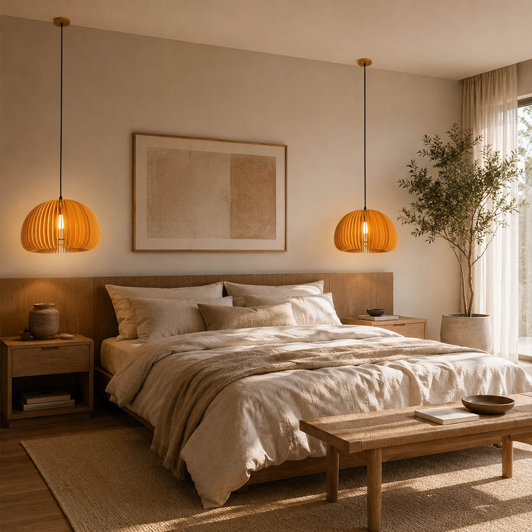 Zucca wood slat pendant light single bedside bedroom hanging natural wood pumpkin slat shade warm cozy glow American home lifestyle interior