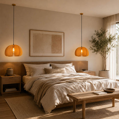 Zucca wood slat pendant light single bedside bedroom hanging natural wood pumpkin slat shade warm cozy glow American home lifestyle interior