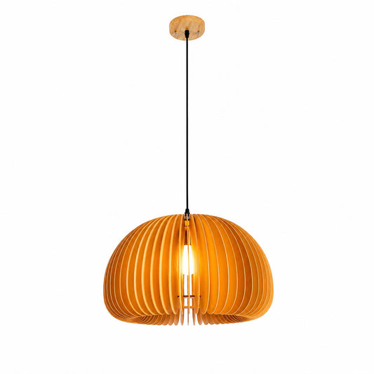 Zucca wood slat pendant light natural wood pumpkin shape laser cut slatted shade hanging lamp rustic Scandinavian white background front view