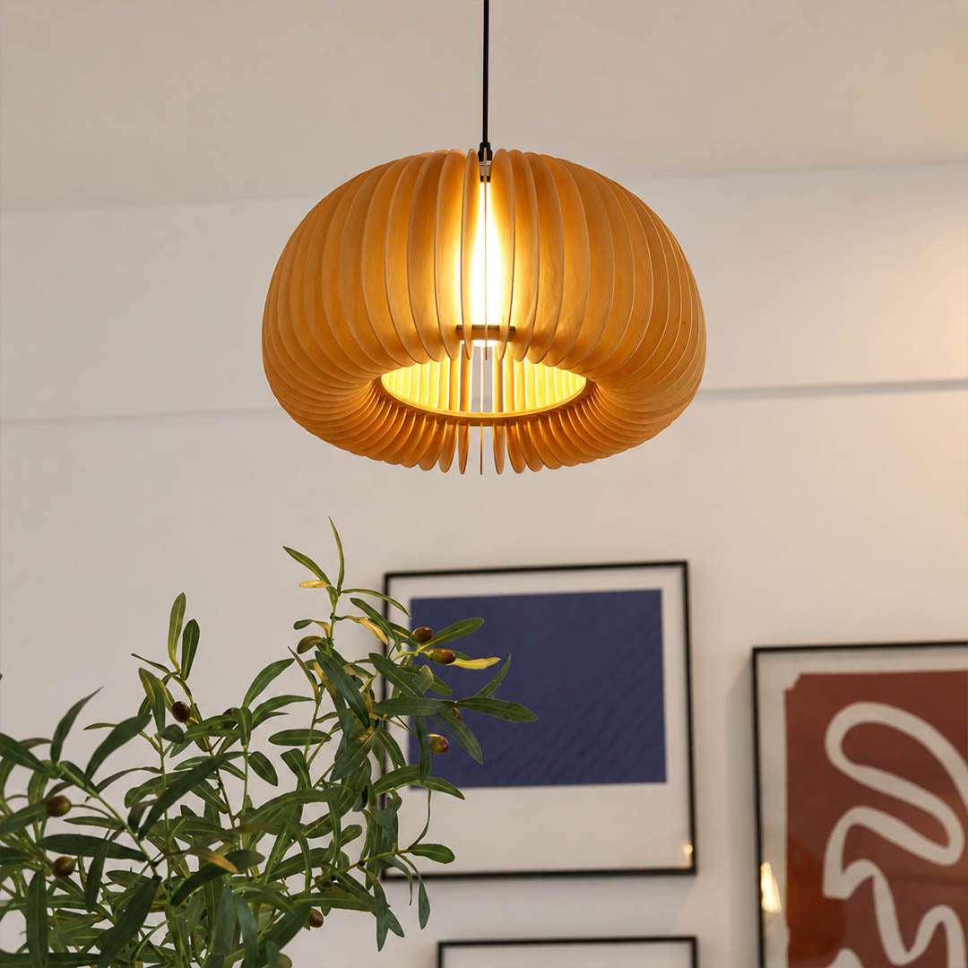Zucca wood slat pendant light natural wood grain warm tone eco friendly basswood texture detail close up material quality