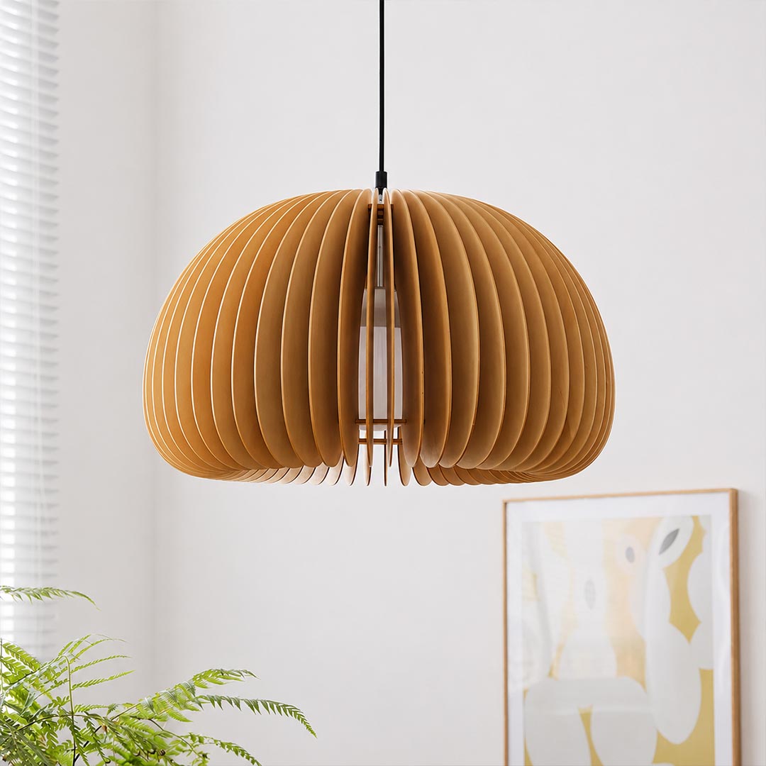 Zucca wood slat pendant light laser cut natural basswood curved slat pumpkin shade craftsmanship detail close up unique warm wood grain