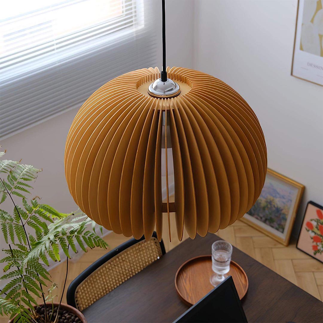 Zucca wood slat pendant light cluster over kitchen island natural wood pumpkin slat shade warm glow rustic Scandinavian American home lifestyle interior