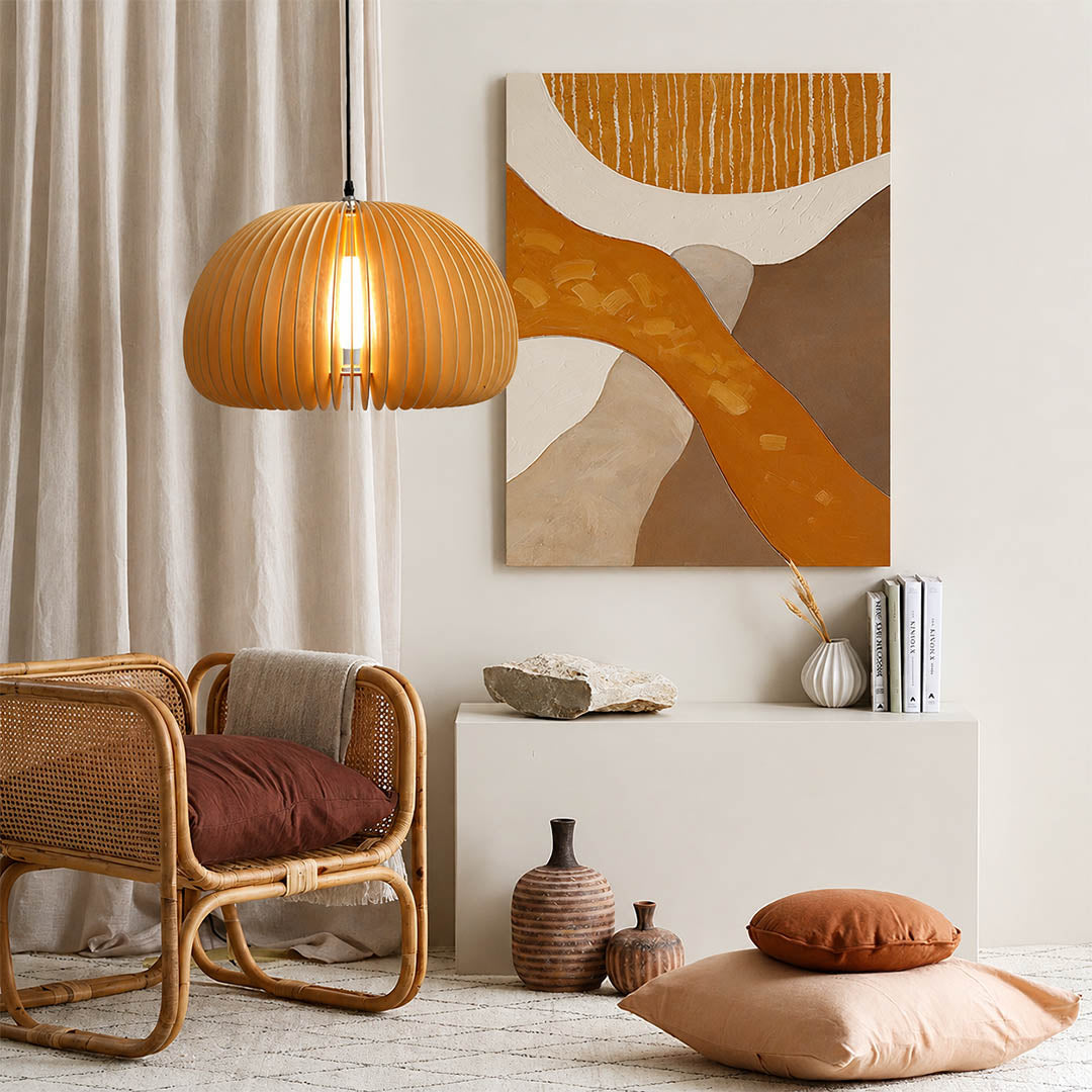 Zucca wood slat pendant light illuminated warm glowing evening room natural wood slats atmospheric shadow pattern cozy American home lifestyle interior