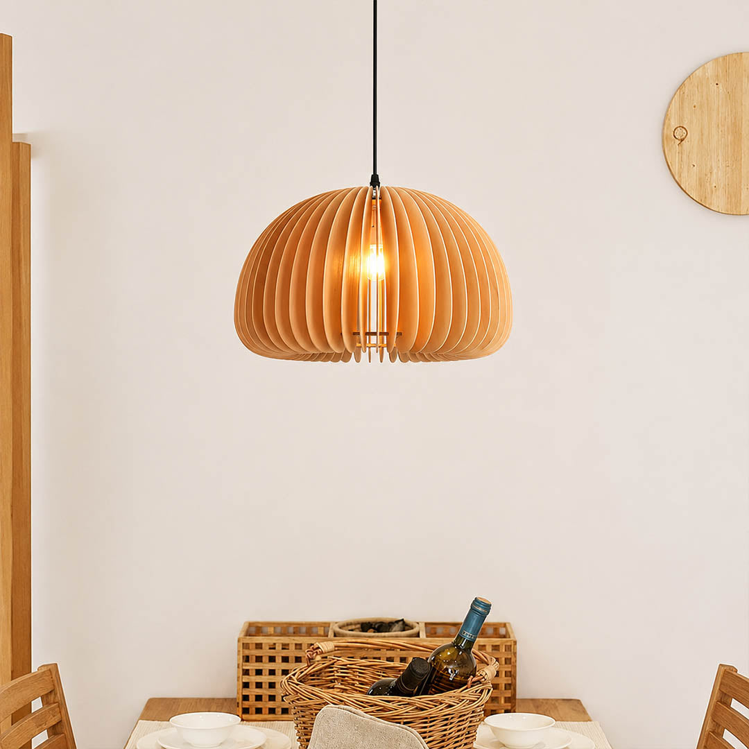 Zucca wood slat pendant light E26 socket LED bulb included inside wood slat shade widely available replacement detail close up practical