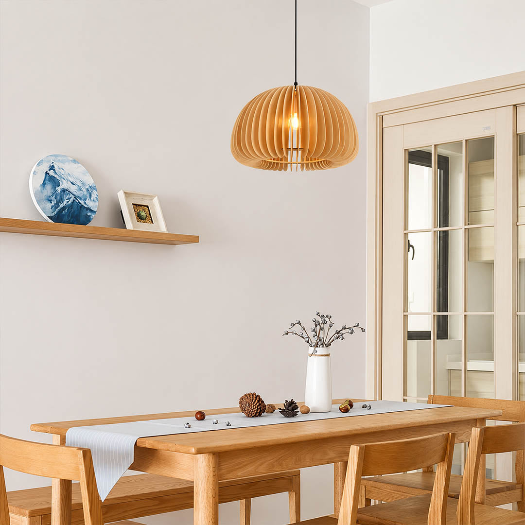 Zucca wood slat pendant light cluster over kitchen island natural wood pumpkin slat shade warm glow rustic Scandinavian American home lifestyle interior