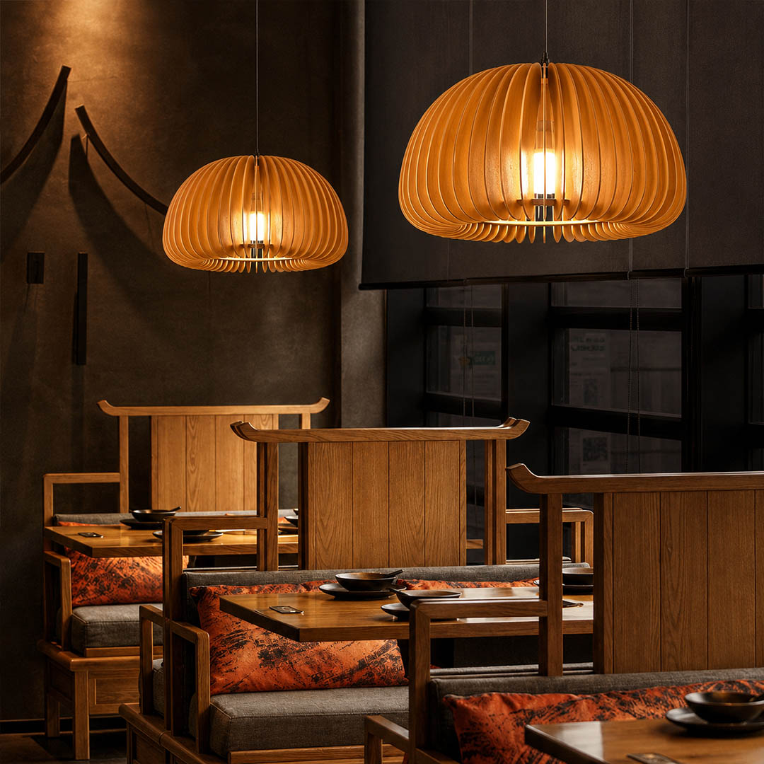 Zucca wood slat pendant light cluster boutique cafe bar counter natural wood pumpkin slat shades warm rustic statement upscale hospitality American commercial interior