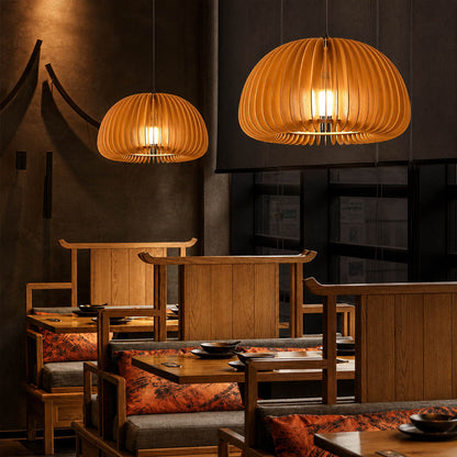 Zucca wood slat pendant light cluster boutique cafe bar counter natural wood pumpkin slat shades warm rustic statement upscale hospitality American commercial interior