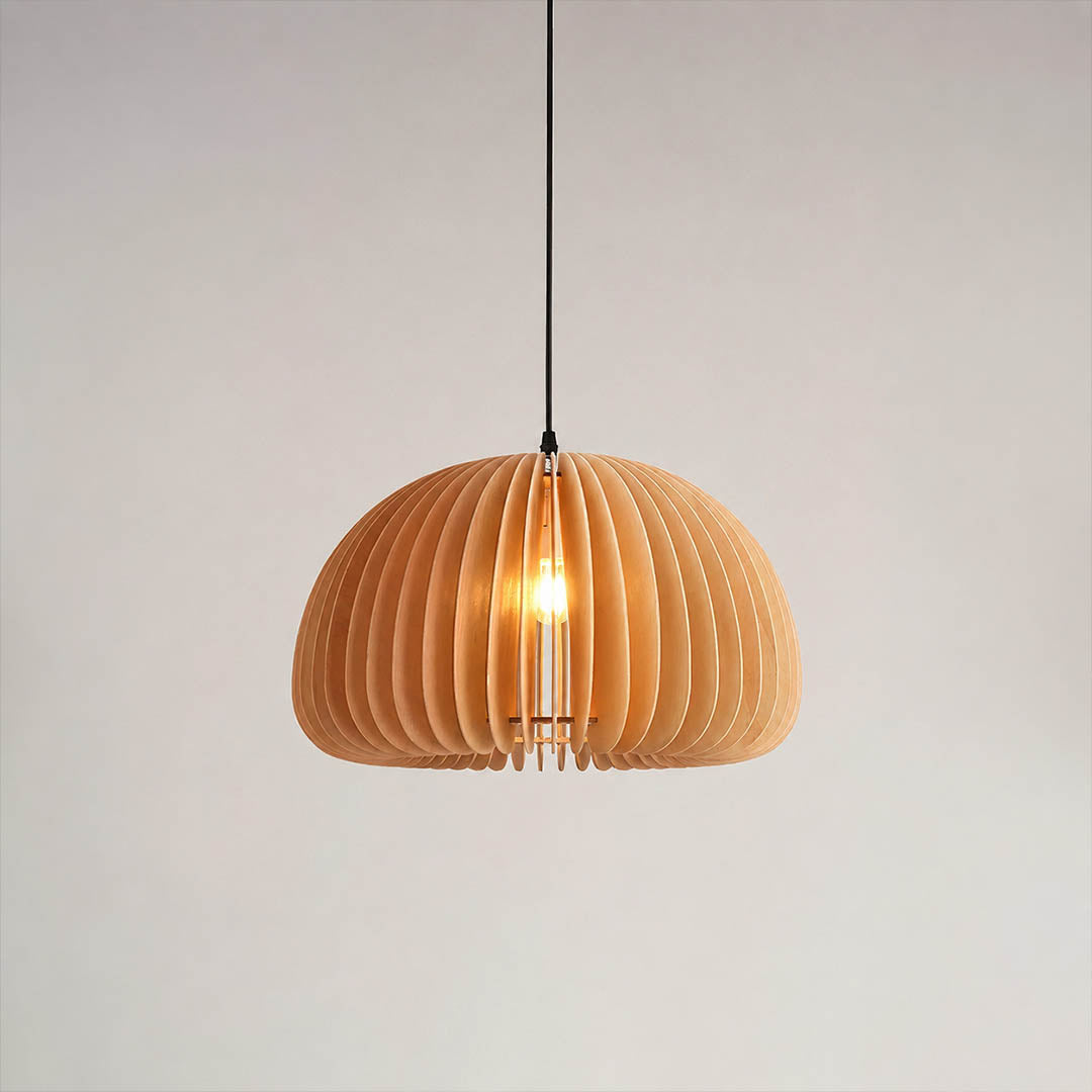 Zucca wood slat pendant light small 11.8 inch natural wood pumpkin slat shade hanging mini pendant rustic white background front view