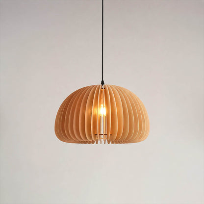 Zucca wood slat pendant light small 11.8 inch natural wood pumpkin slat shade hanging mini pendant rustic white background front view