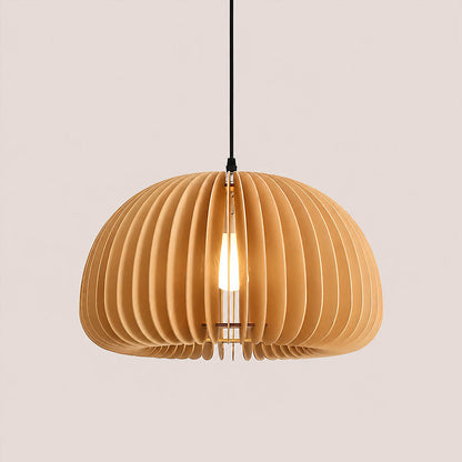 Zucca wood slat pendant light large 19.6 inch natural wood pumpkin slat shade hanging statement rustic white background front view