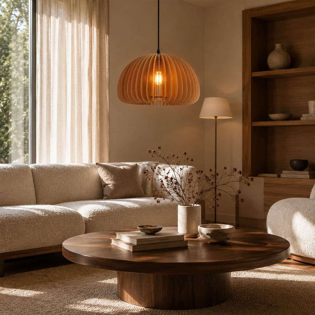 Zucca wood slat pendant light single home office study natural wood slat shade warm rustic modern glow American home lifestyle interior