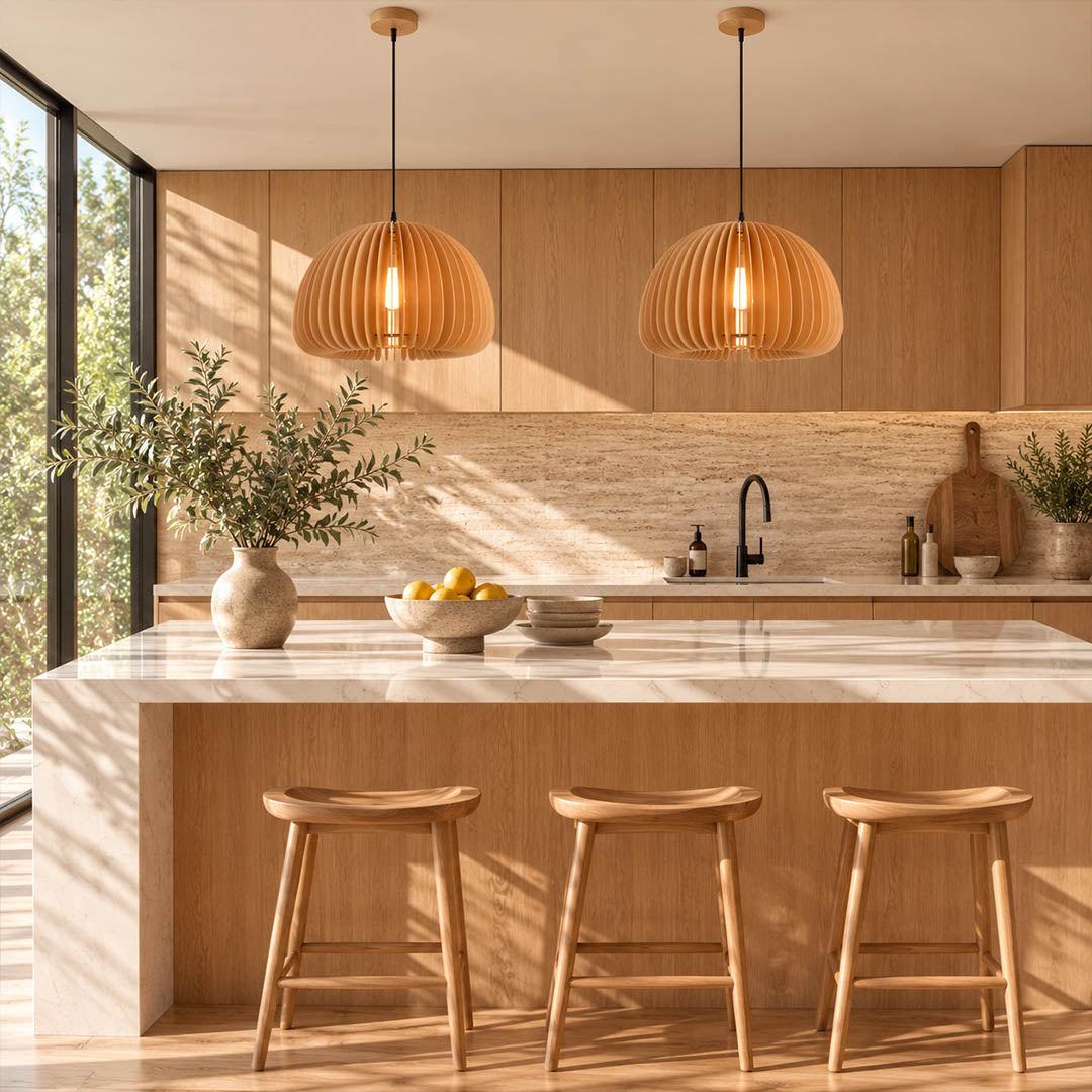 Zucca wood slat pendant light cluster over kitchen island natural wood pumpkin slat shade warm glow rustic Scandinavian American home lifestyle interior