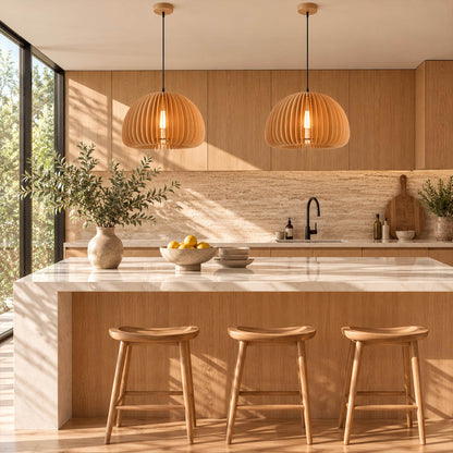 Zucca wood slat pendant light cluster over kitchen island natural wood pumpkin slat shade warm glow rustic Scandinavian American home lifestyle interior