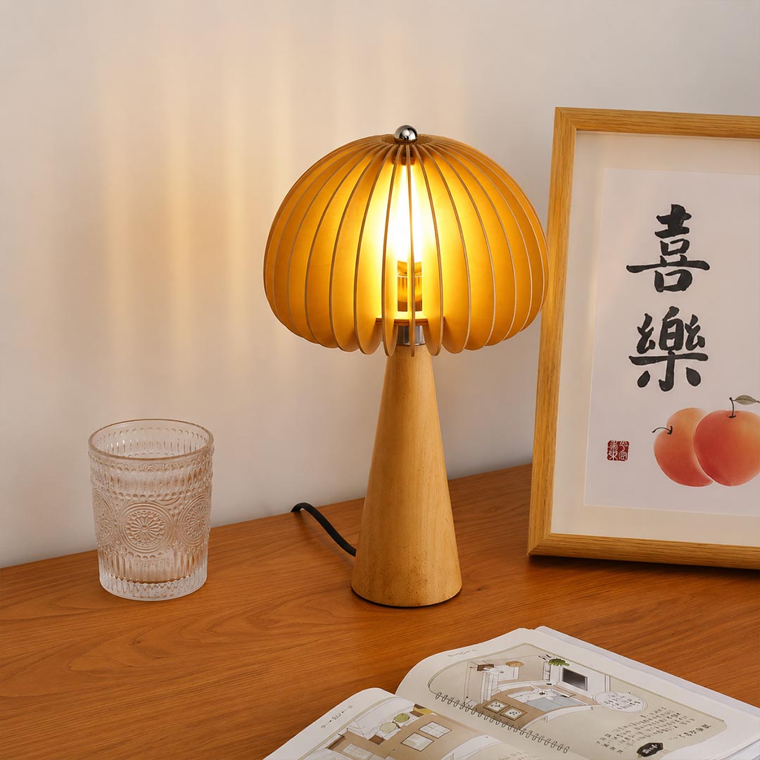 Zucca wood slat table lamp desk home office corner natural wood pumpkin slat shade warm accent rustic modern American home lifestyle interior