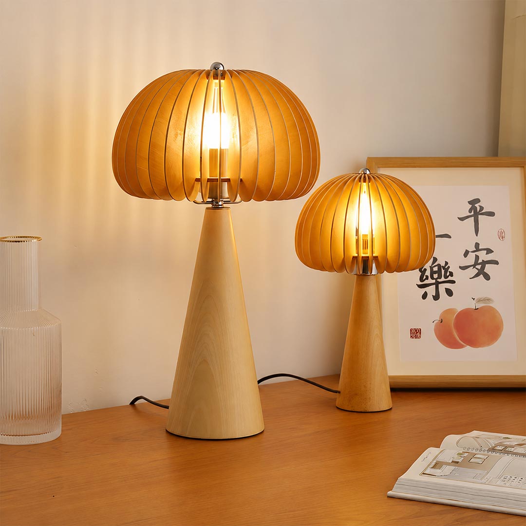 Zucca wood slat table lamp reading nook side table beside armchair natural wood slat shade warm cozy Japandi American home lifestyle interior